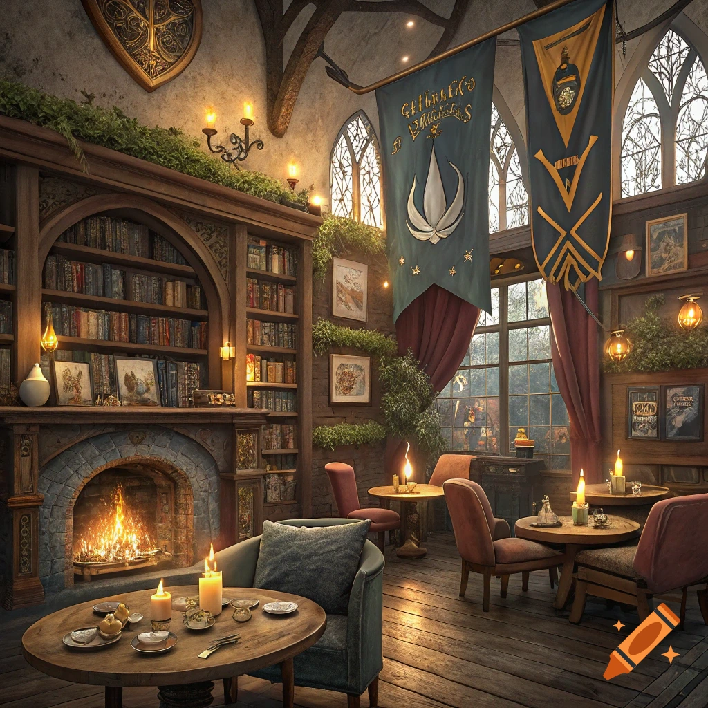 A cozy fantasy cafe interior with a fireplace, bookshelves, banners, and tables.