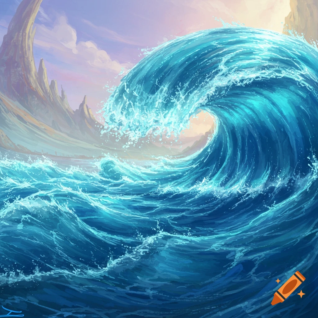 A vibrant image of a large blue wave crashing near rocky cliffs under a dramatic sky.