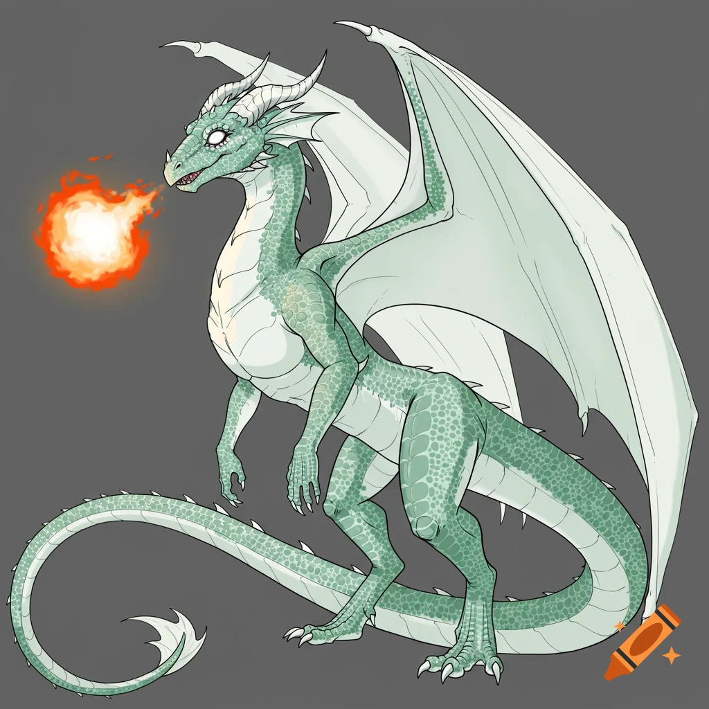 A green and white dragon breathes fire.