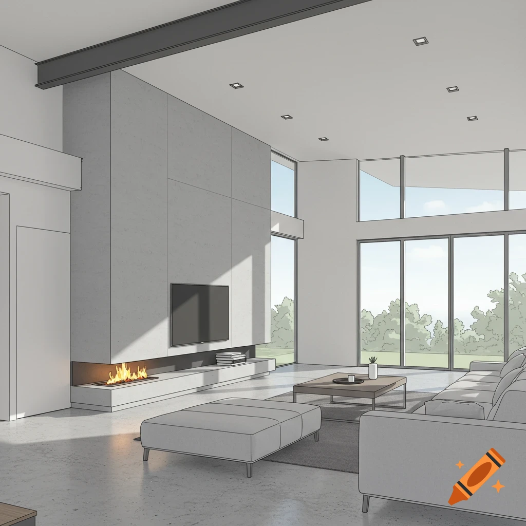 Architectural drawing of a modern living room with fireplace and large windows
