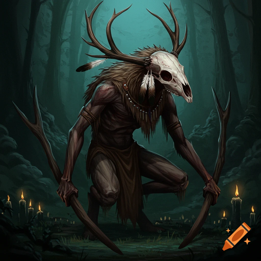 A creature with a deer skull head and antlers, wearing tribal attire, is crouching in a dark forest with candles.