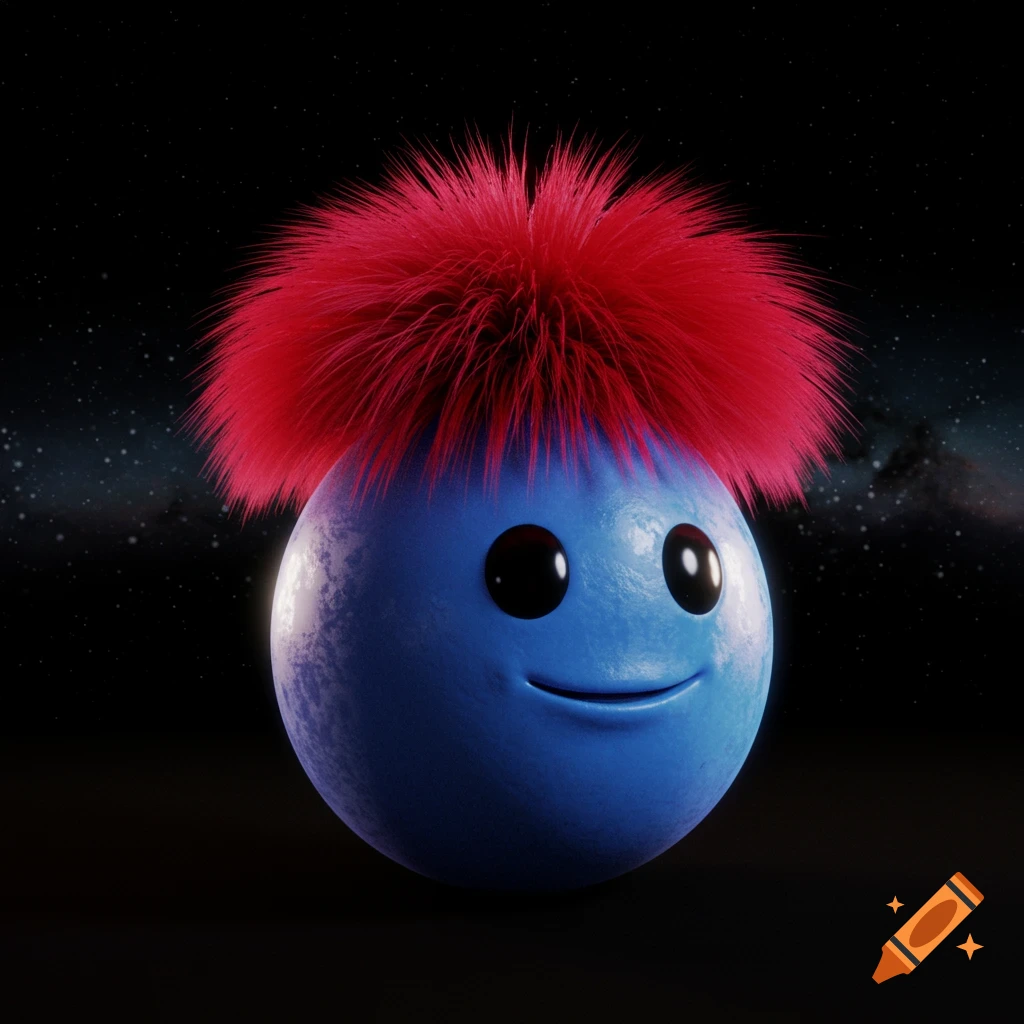A blue alien orb character with bright red spiky hair smiles in a 3D art style against a dark space background.