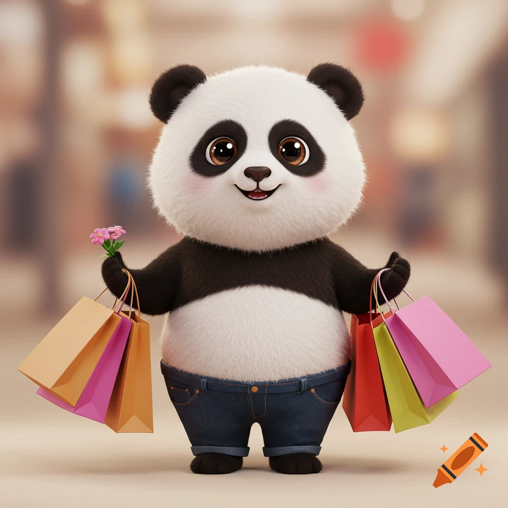 A cute cartoon panda stands holding shopping bags and a flower.