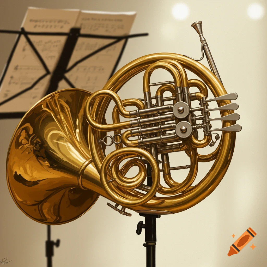 A detailed image of a golden French horn on a stand, with blurred sheet music on a stand in the background.