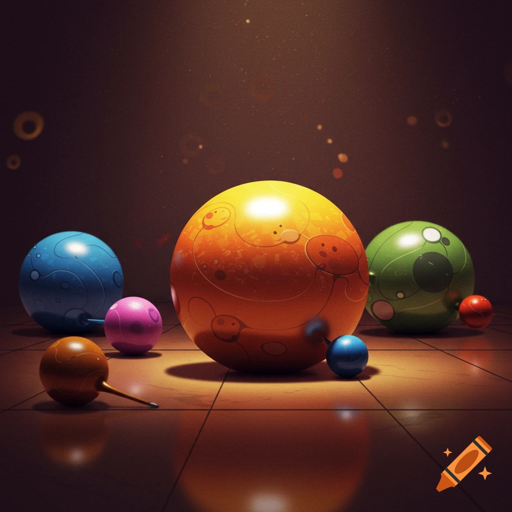 Colorful spheres with abstract patterns on a tiled floor.