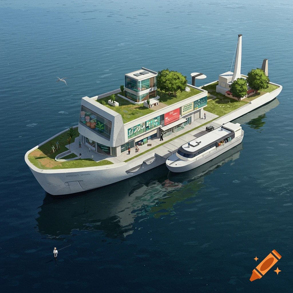 A futuristic building with green roofs on a large boat in the water, with a smaller boat docked and a person fishing nearby.