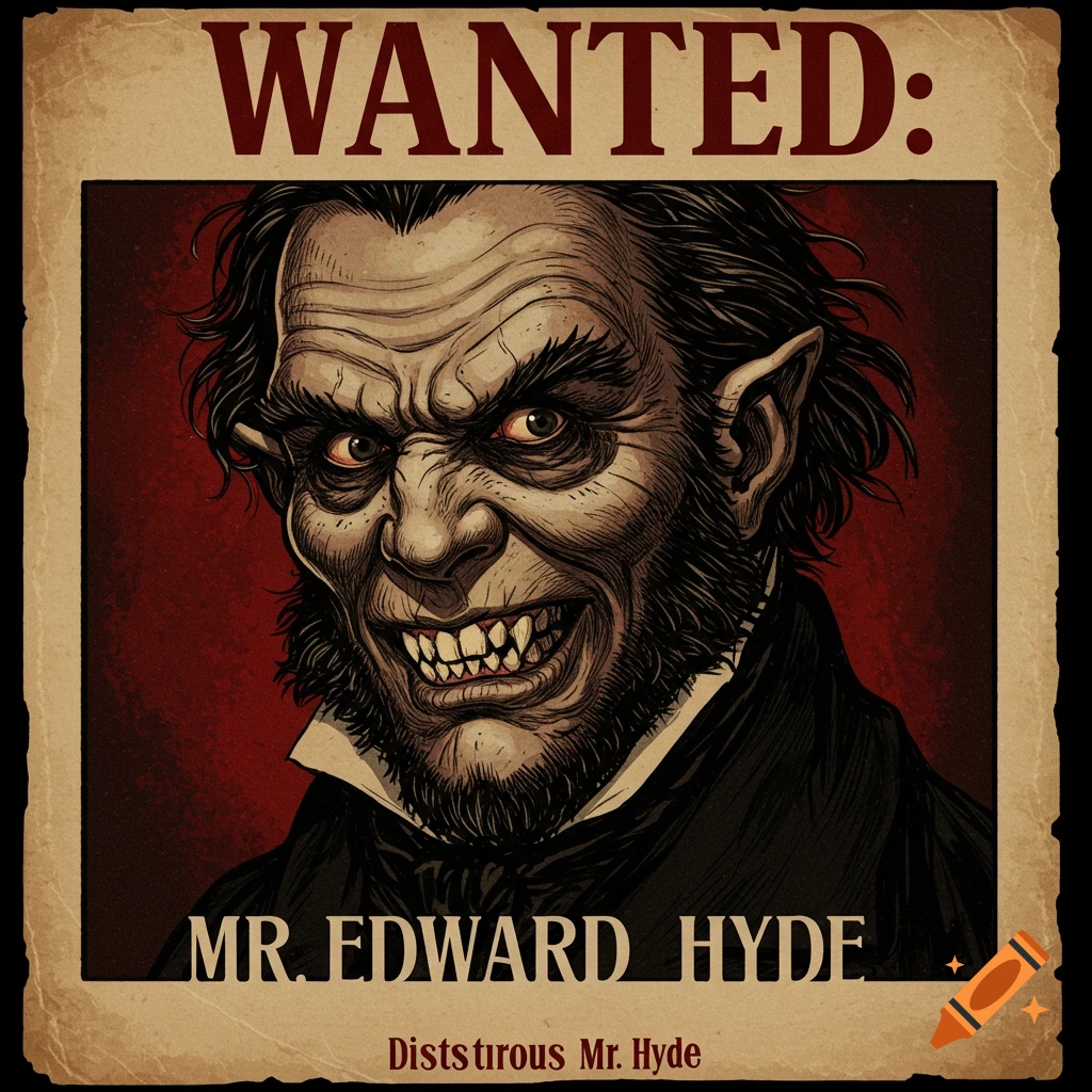Wanted poster of a scary, monster-like Mr. Edward Hyde with sharp teeth.