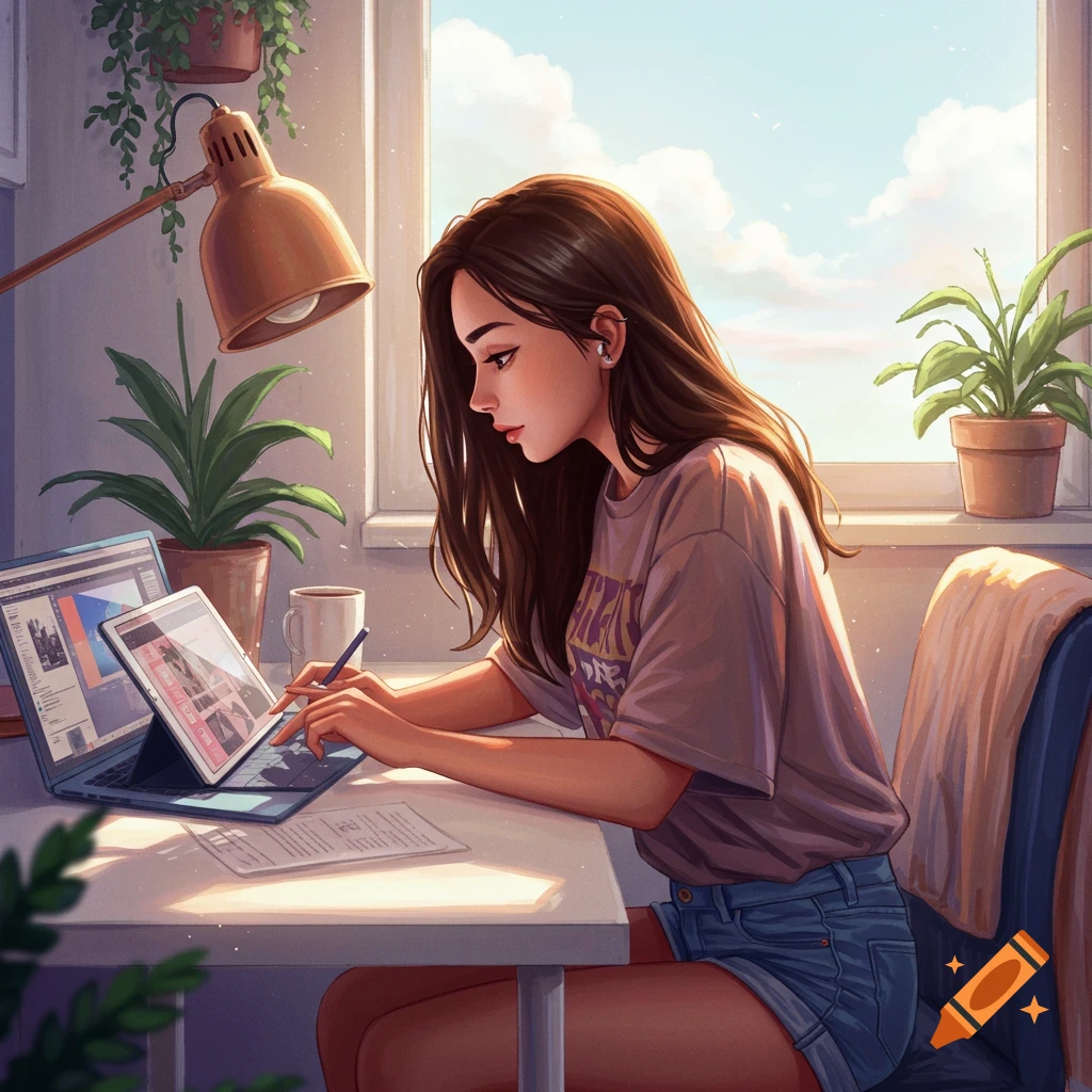 A woman working at a desk with a laptop and tablet