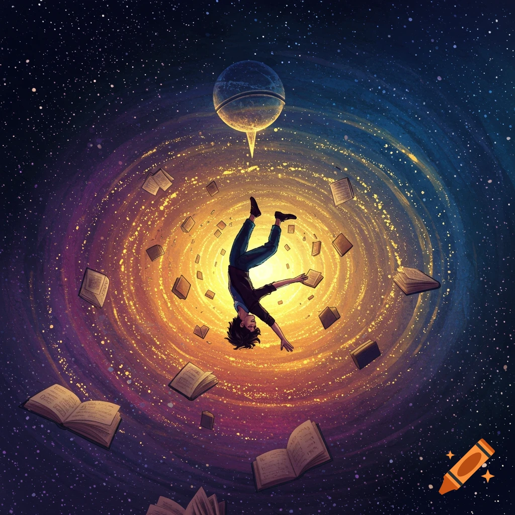 A person falling headfirst into a swirling cosmic vortex filled with floating open books.