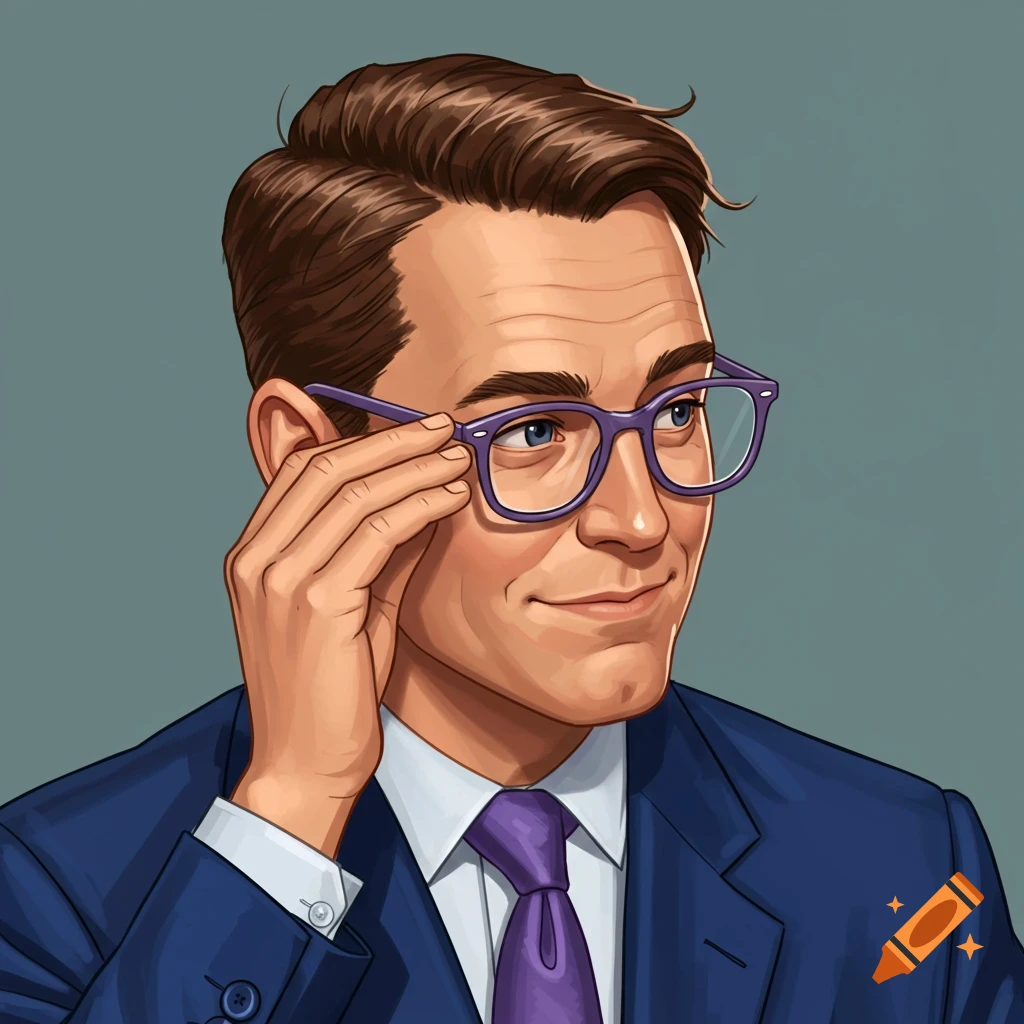Cartoony illustration of a man in a blue suit and purple tie adjusting his purple glasses.