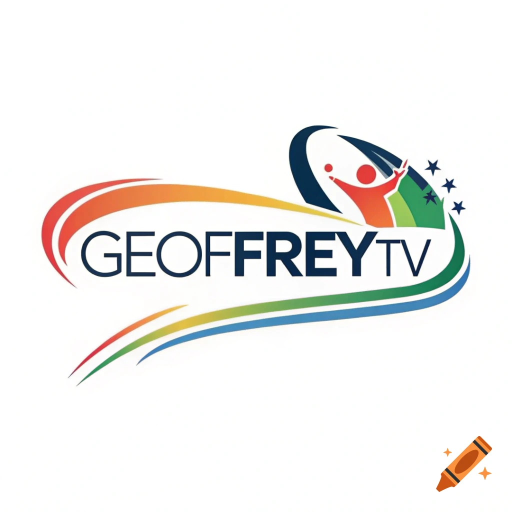 A logo for GEOFFREYTV with colorful swooshes and an abstract figure.