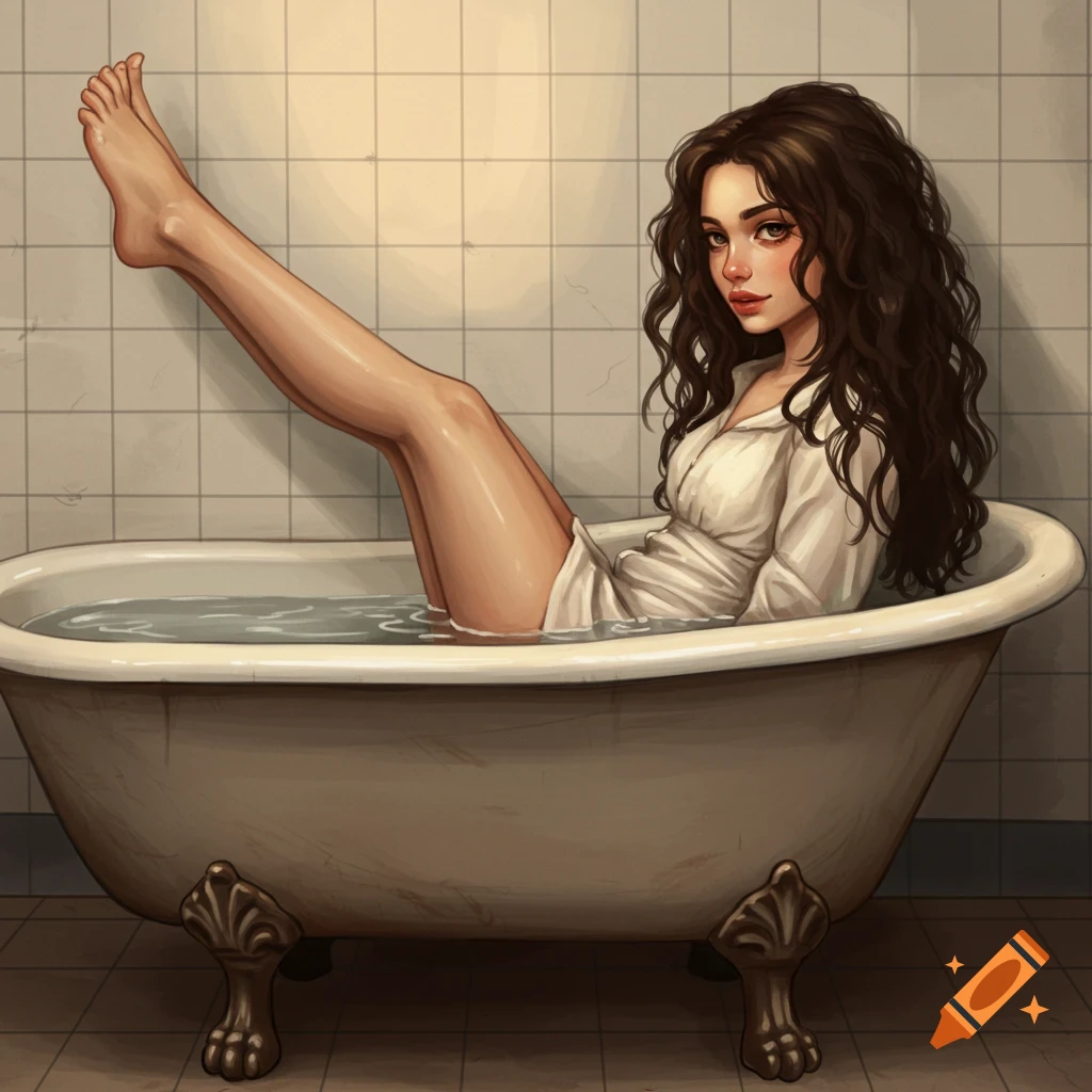A woman sitting in a bathtub with one leg raised, wearing a white shirt.