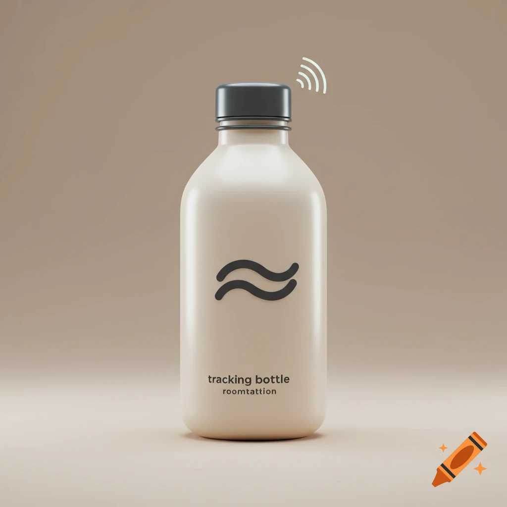 A cream-colored bottle with a black cap, a black wave logo, and text. White wireless signals are shown above the cap.