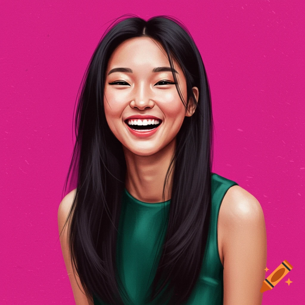 A smiling woman in a green dress against a pink background.