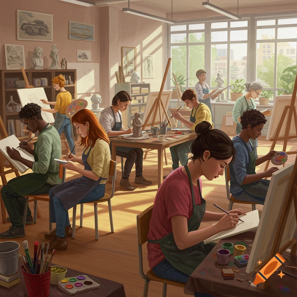 An art class with diverse students painting, sketching, and sculpting in a sunlit studio.