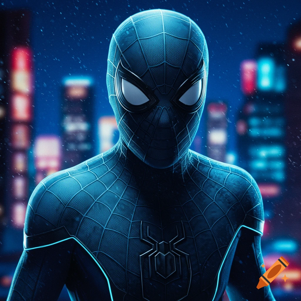Close-up of Spiderman in a black suit against a blurry cityscape at night.
