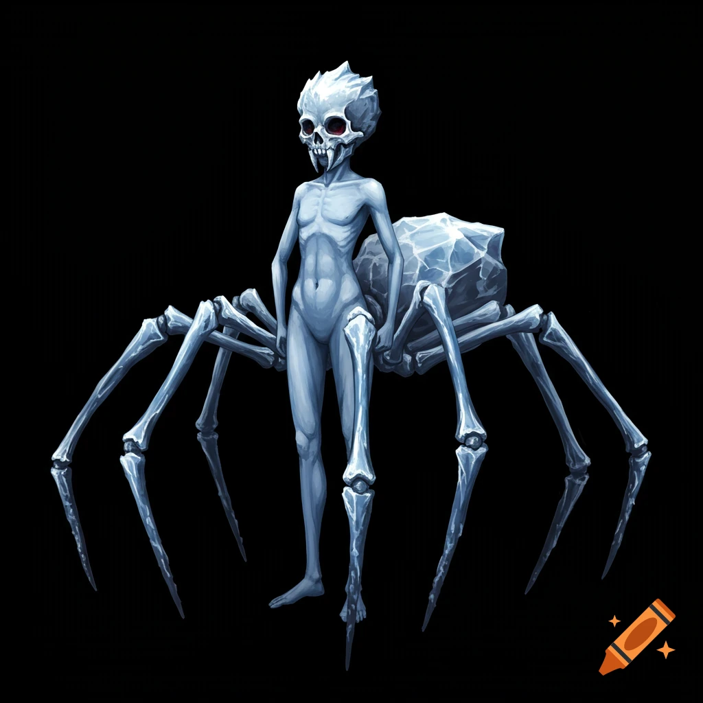 A pale, gaunt skeletal humanoid figure with a skull head and red eyes stands on multiple icy skeletal spider legs against a black background.