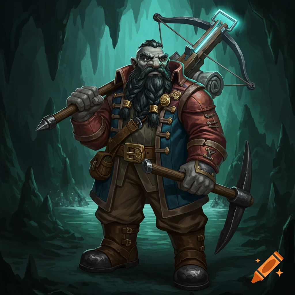 A dwarf with a beard, holding a pickaxe and carrying a crossbow, standing in a cave.