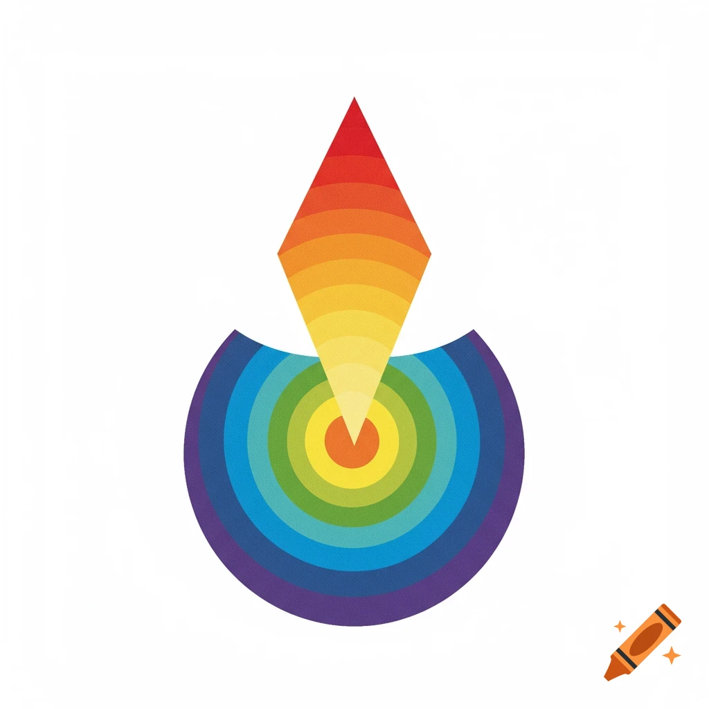 An abstract symbol with a colorful diamond shape above rainbow arcs on a white background.
