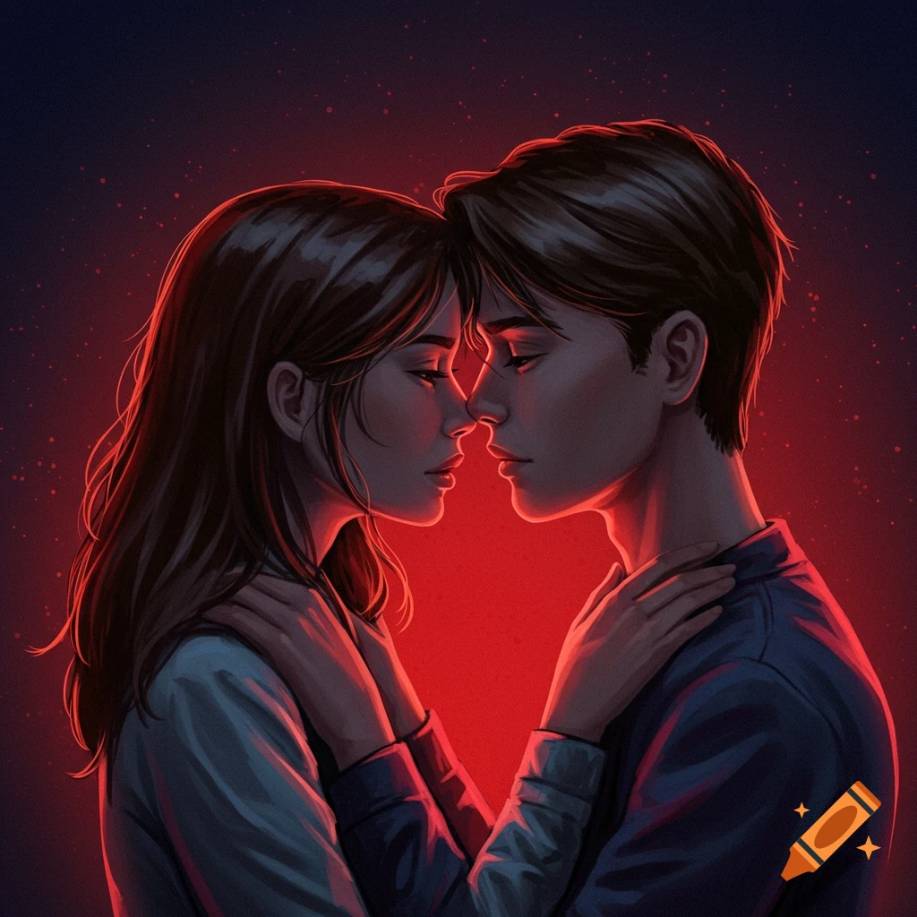 Digital illustration of a couple embracing in red light, looking into each other's eyes.