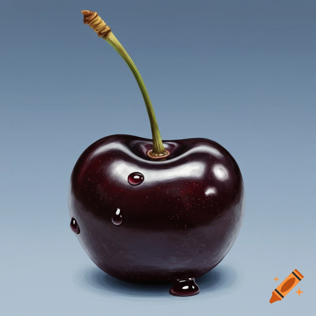 A dark red cherry with water droplets on a blue background.