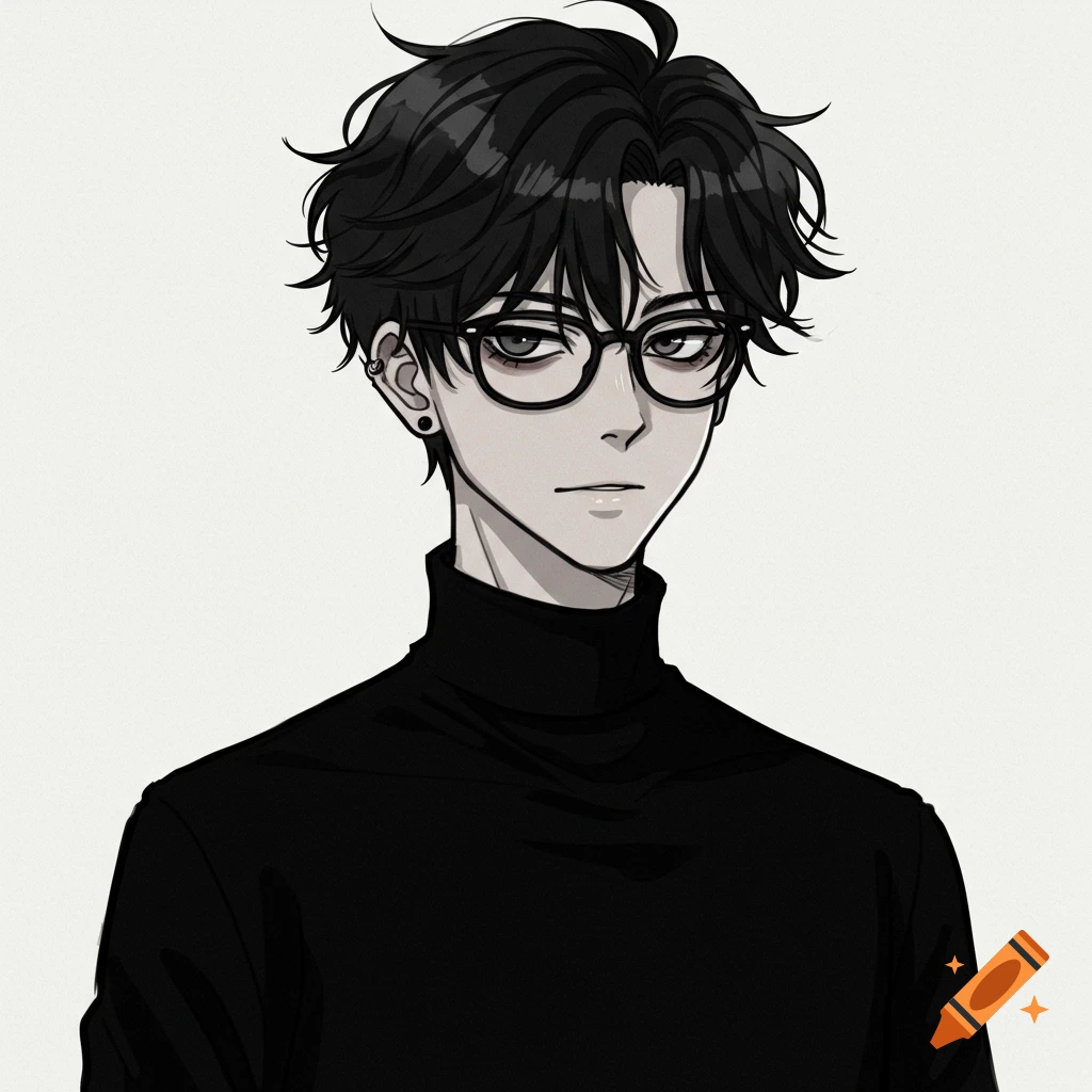Anime portrait of a boy with black hair, glasses, and a black turtleneck.