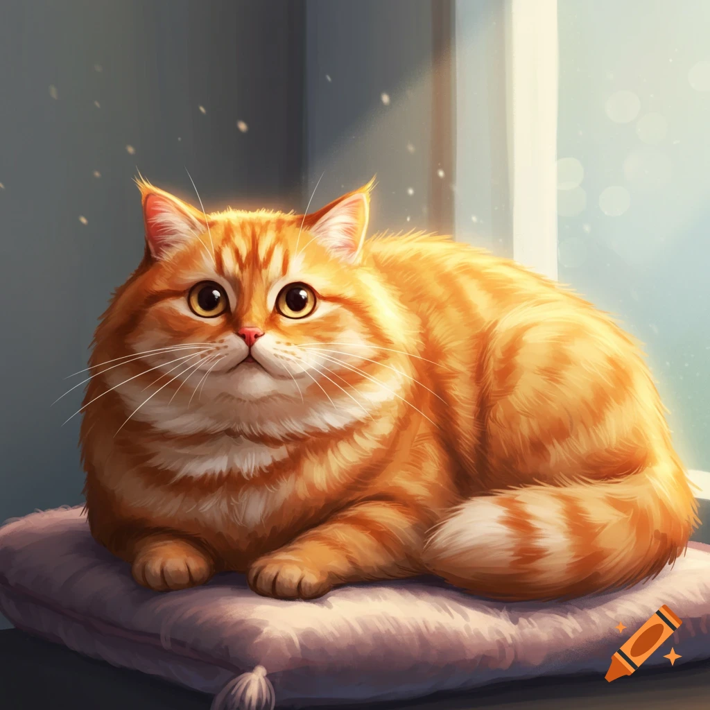 A fluffy orange cat sits on a pillow bathed in sunlight.