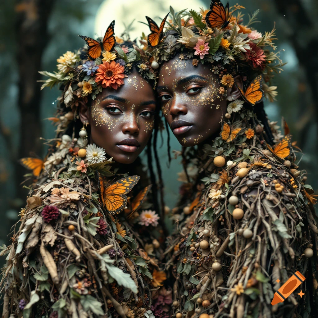 Two figures with elaborate costumes made of natural materials, branches, flowers, and butterflies in a dark forest setting under moonlight.