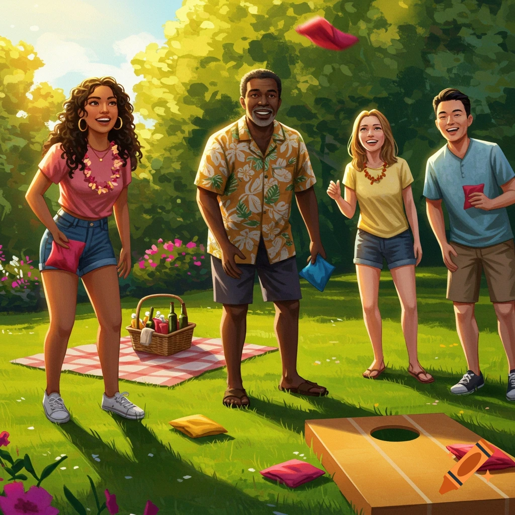 A diverse group of friends play cornhole in a sunny park, illustration style.