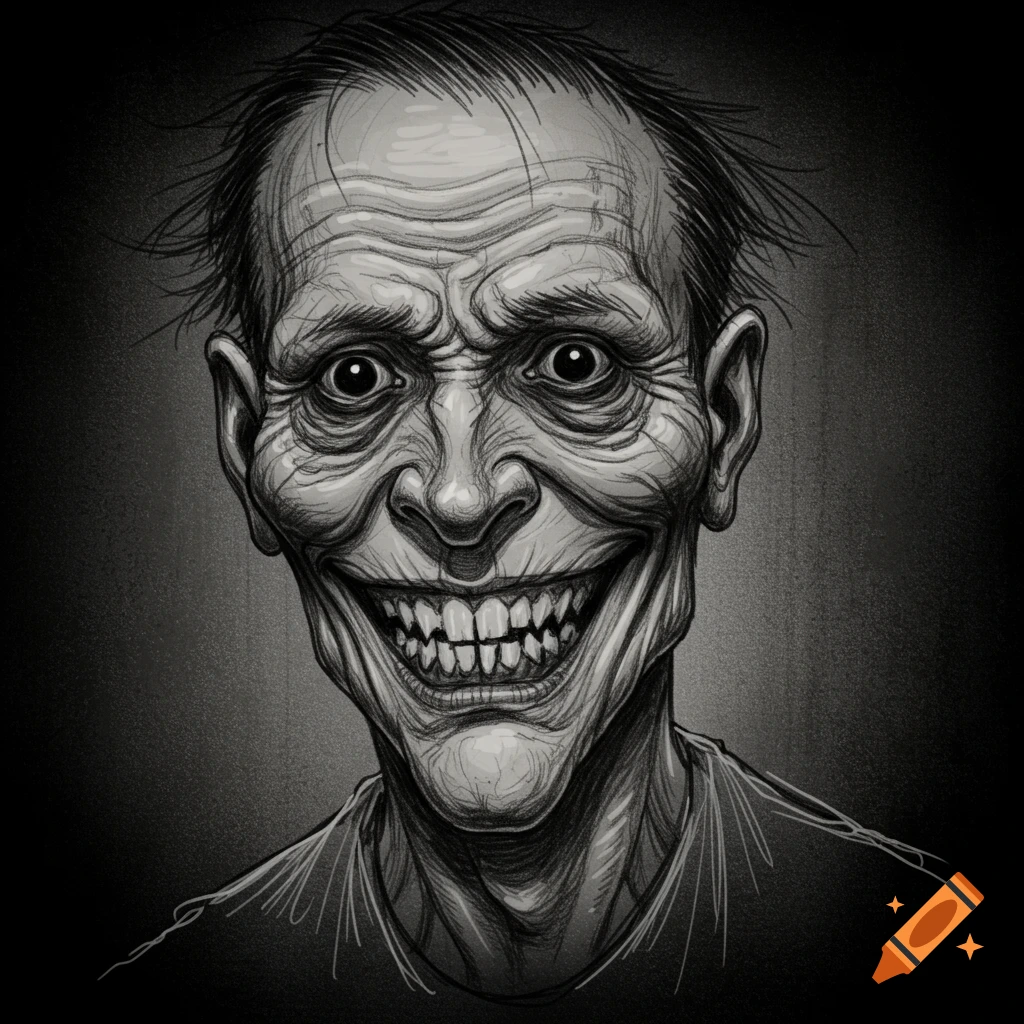 Black and white pencil sketch portrait of a creepy, distorted man with a wide grin.