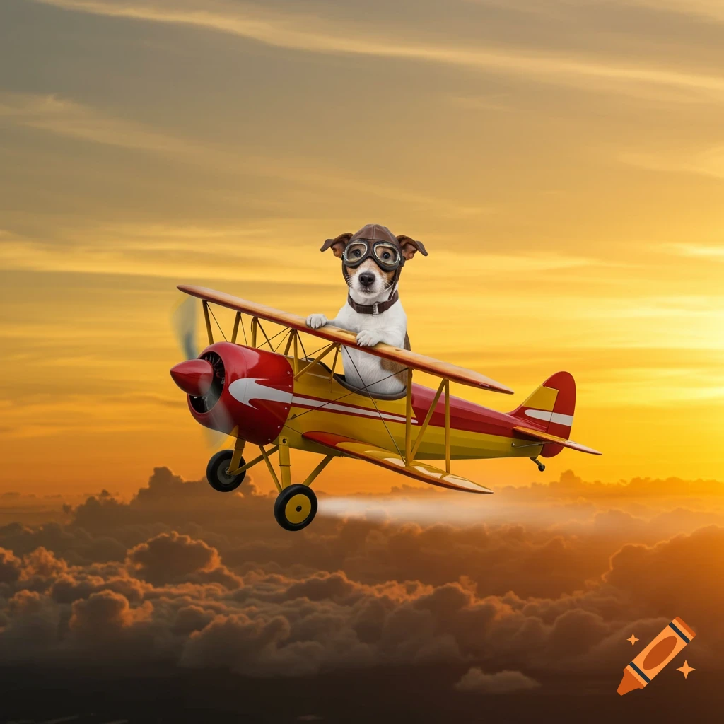 A Jack Russell dog wearing aviator goggles and a helmet flies a red and yellow biplane through clouds at sunset.