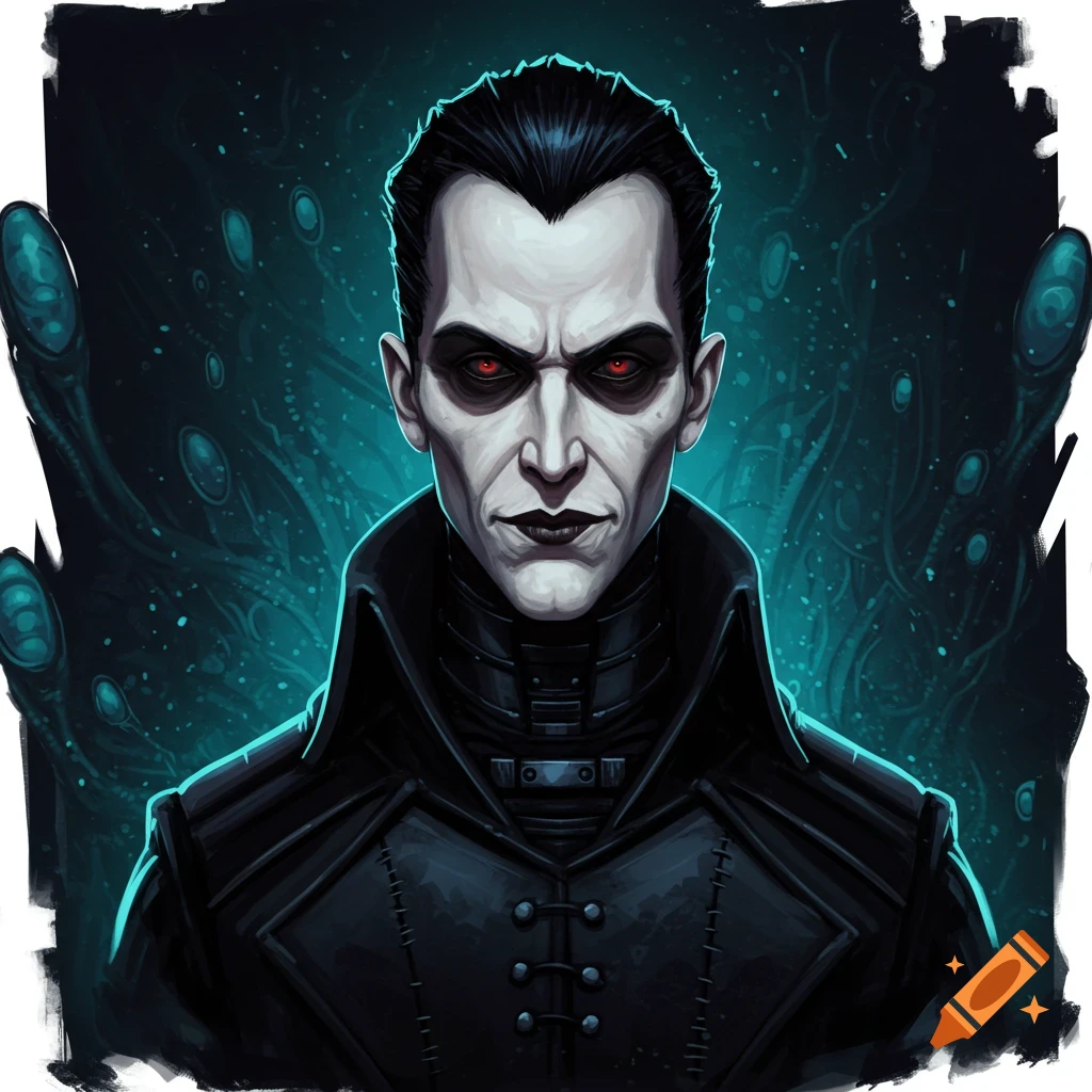 A pale man with black hair, red eyes, and black makeup, wearing a black coat, against a dark background.