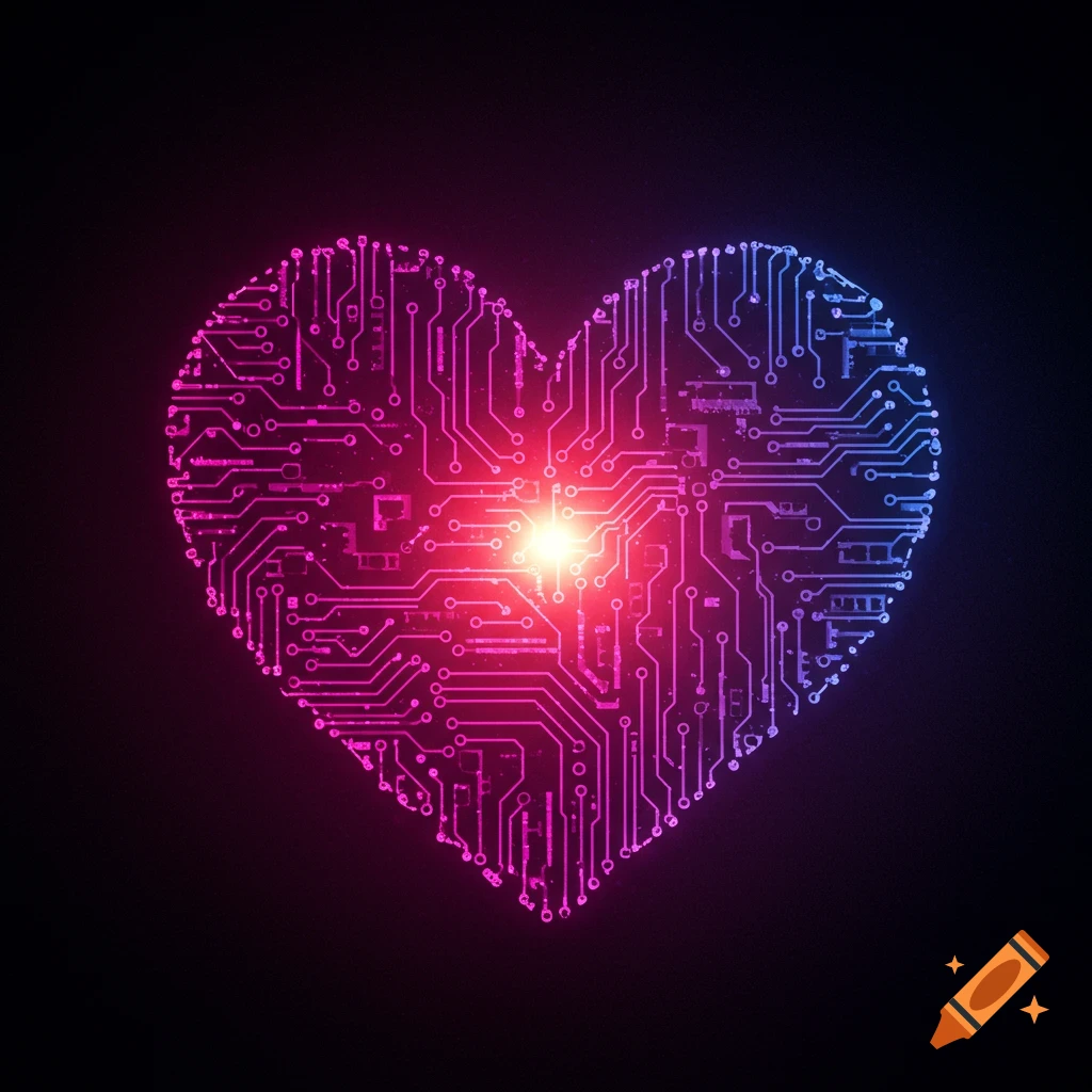 A heart shape made of glowing pink and blue circuitry on a dark background.