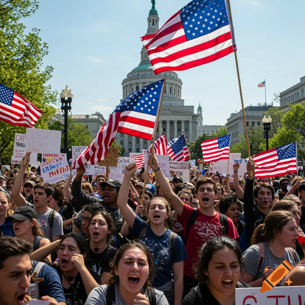 Young people protest with American flags and signs in front of the US Capitol building.