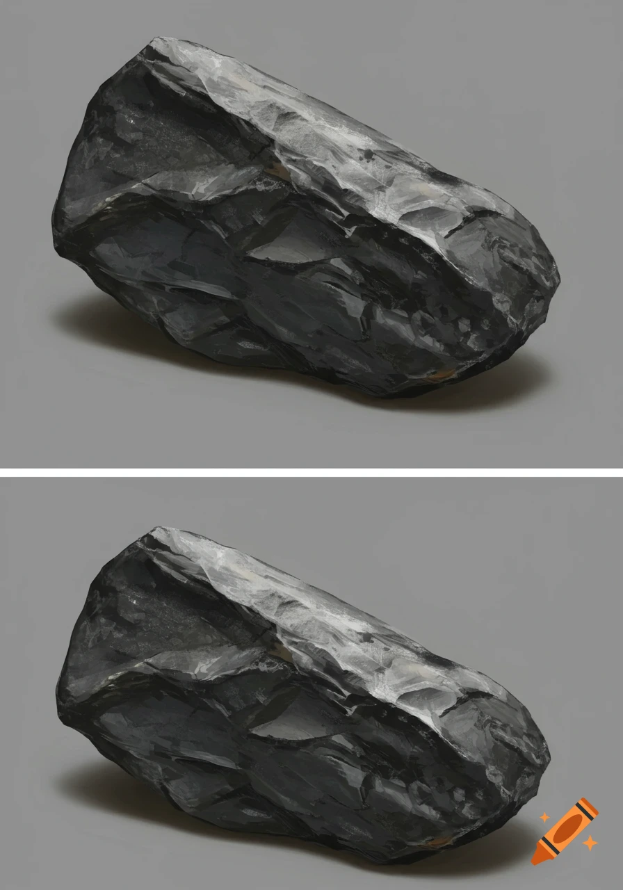A dark, jagged rock on a gray background