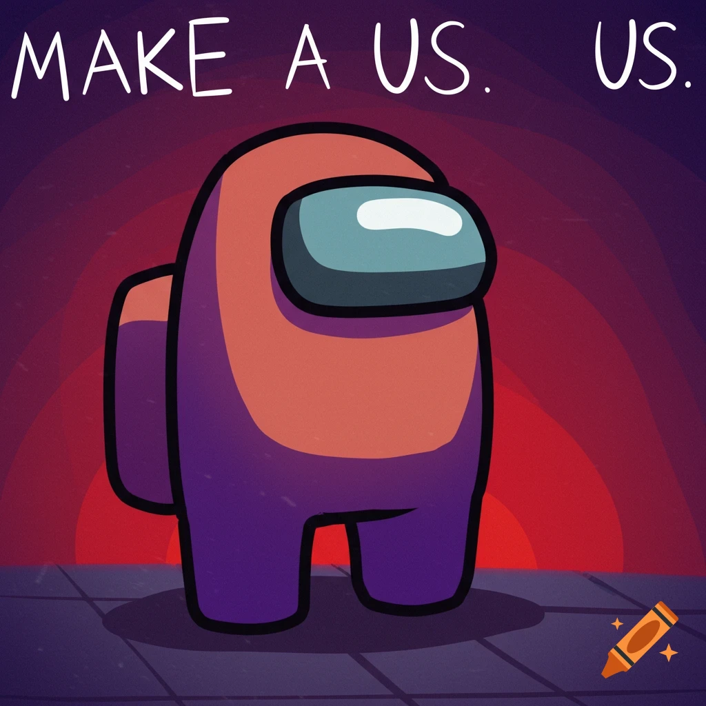 An orange and purple Among Us crewmate stands on a grid floor against a red background with white text MAKE A US. US. at the top.