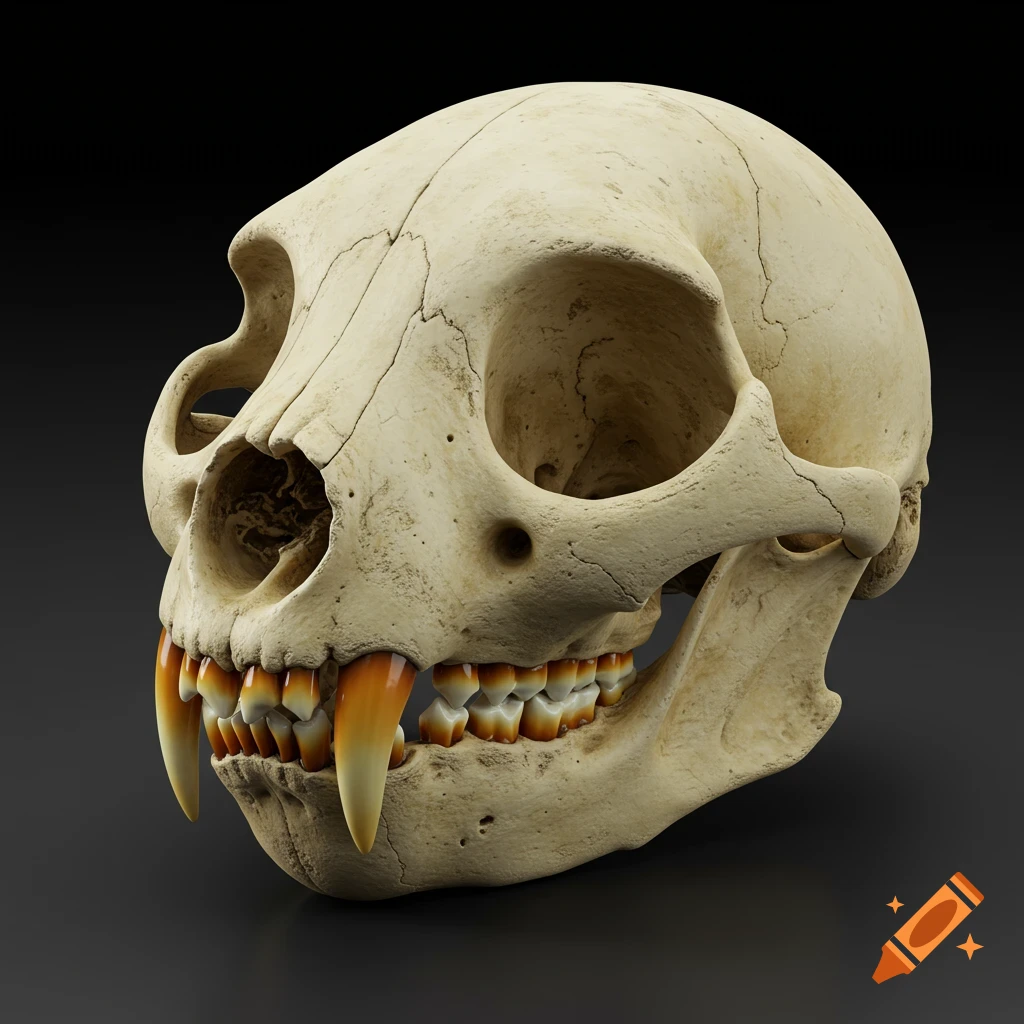 A high-detail 3D render of an Aye-aye skull with large orange incisors, front-left view.