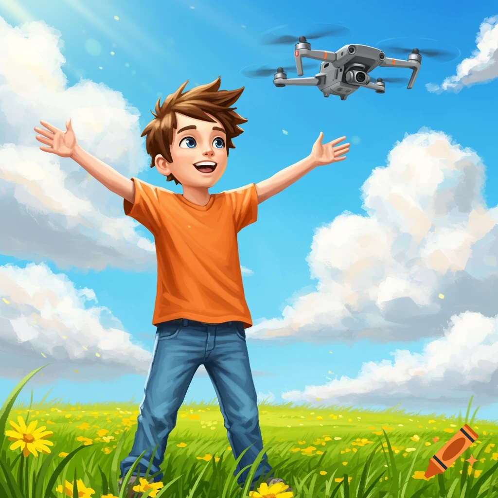 A boy with arms outstretched watches a drone in a sunny meadow.