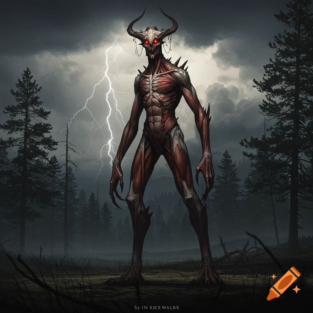 A tall, demonic-looking creature with horns and exposed muscle stands in a dark forest as lightning strikes.