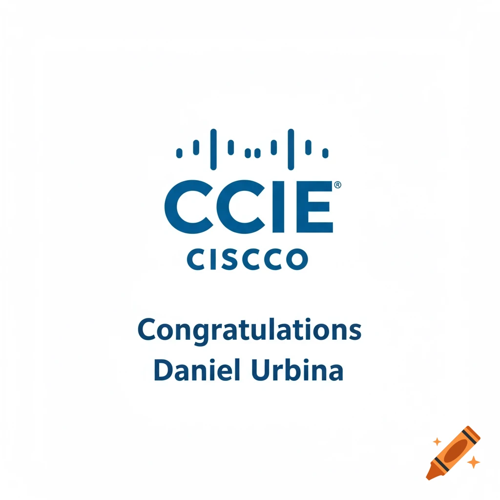 Cisco CCIE logo with text 'Congratulations Daniel Urbina'. The word 'CISCO' in the logo is misspelled as 'CISCCO'.