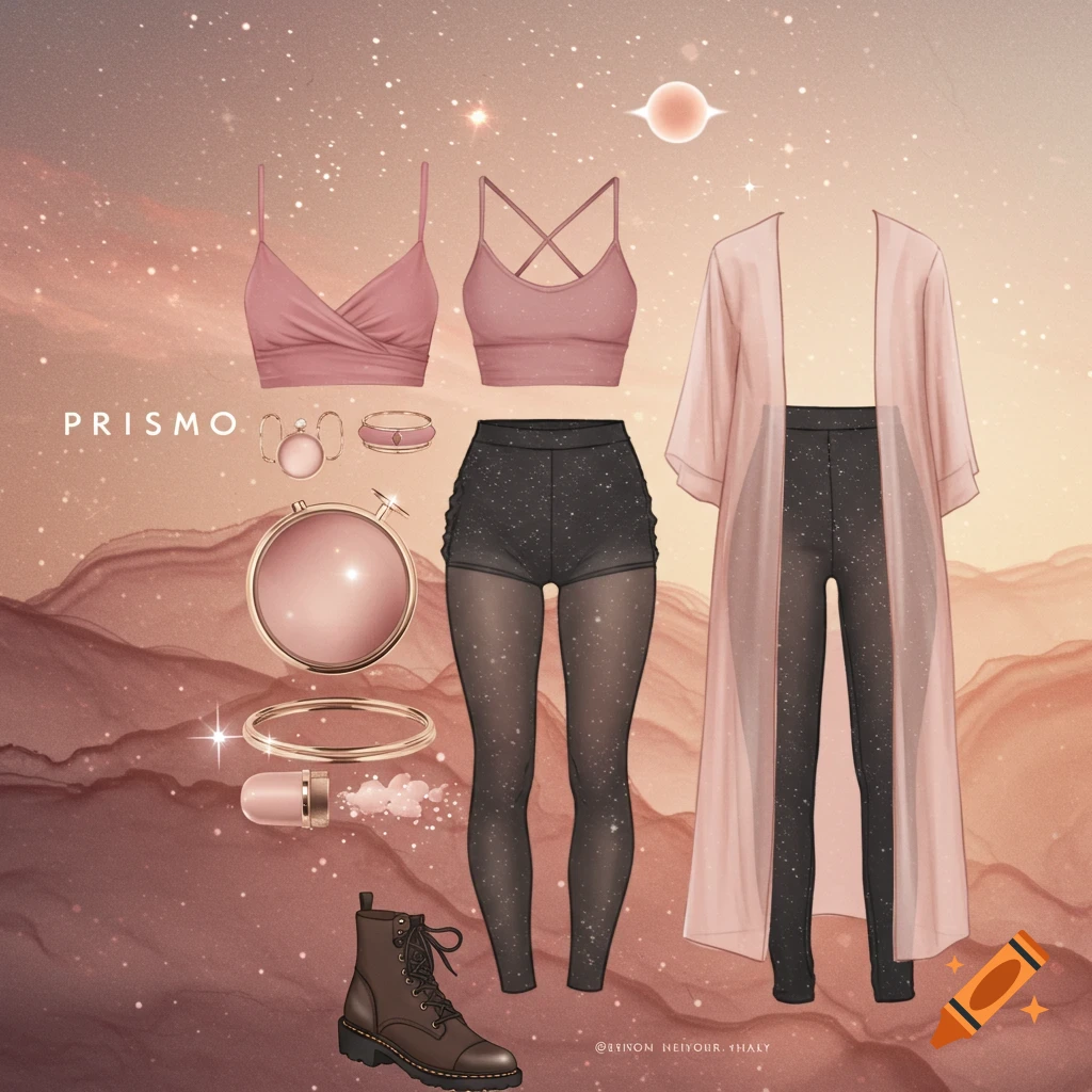 A pink and black outfit with accessories laid out in a starry desert landscape.