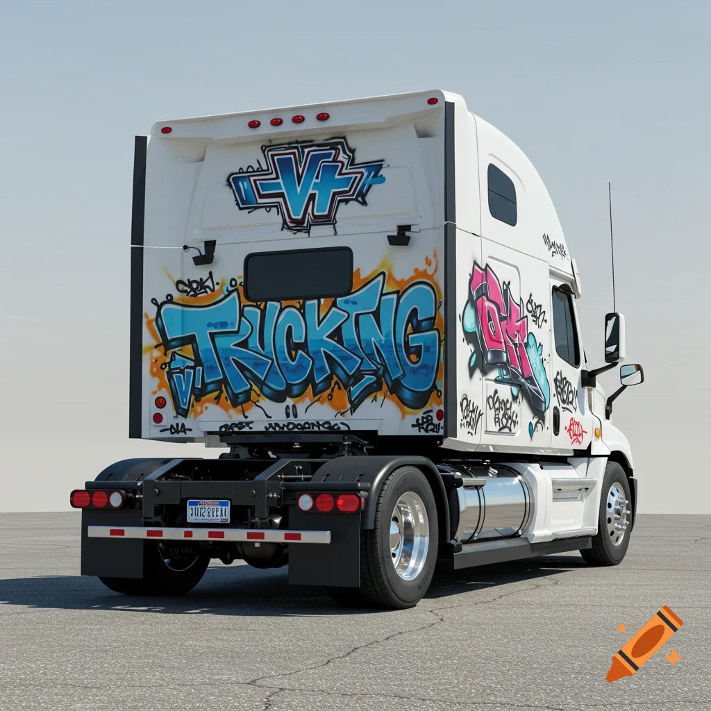White semi-truck with colorful graffiti on the back, parked on pavement.