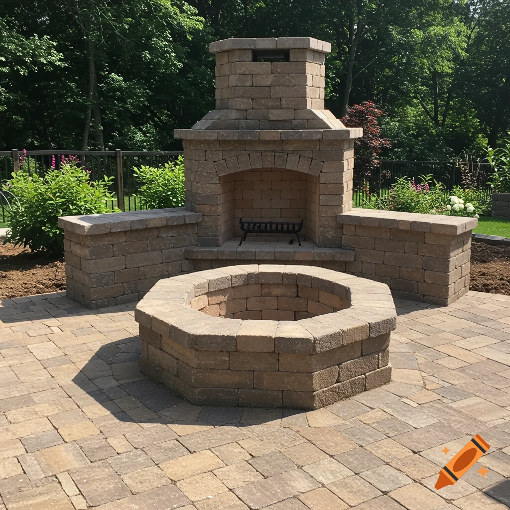 Octagonal stone fire pit and fireplace on a paved patio in a backyard.