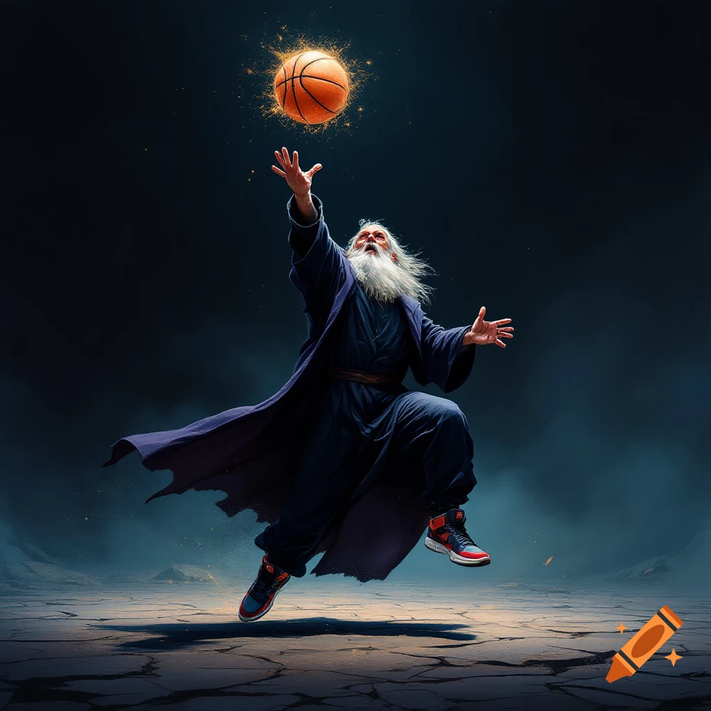 A wizard in a robe and sneakers bounces a basketball in a dark, mystical setting with cracked ground.
