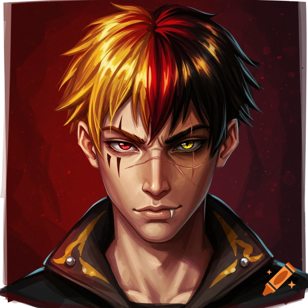 Portrait of a male character with split blonde/red and black hair, heterochromia, facial scars, and a fang.