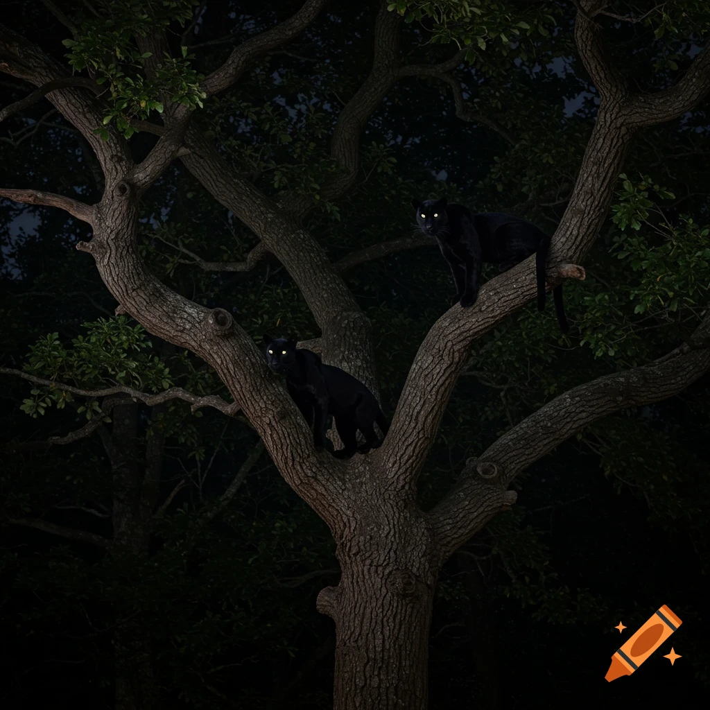 Two black panthers sit in a tree at night, their eyes glowing.