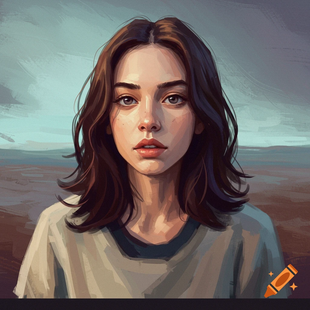 Portrait of a young woman with dark hair looking forward against a landscape background.