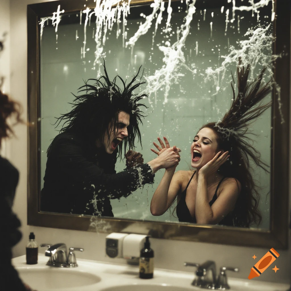 Mirror reflection of a man with spiked hair and a woman laughing and splashing water in a bathroom.