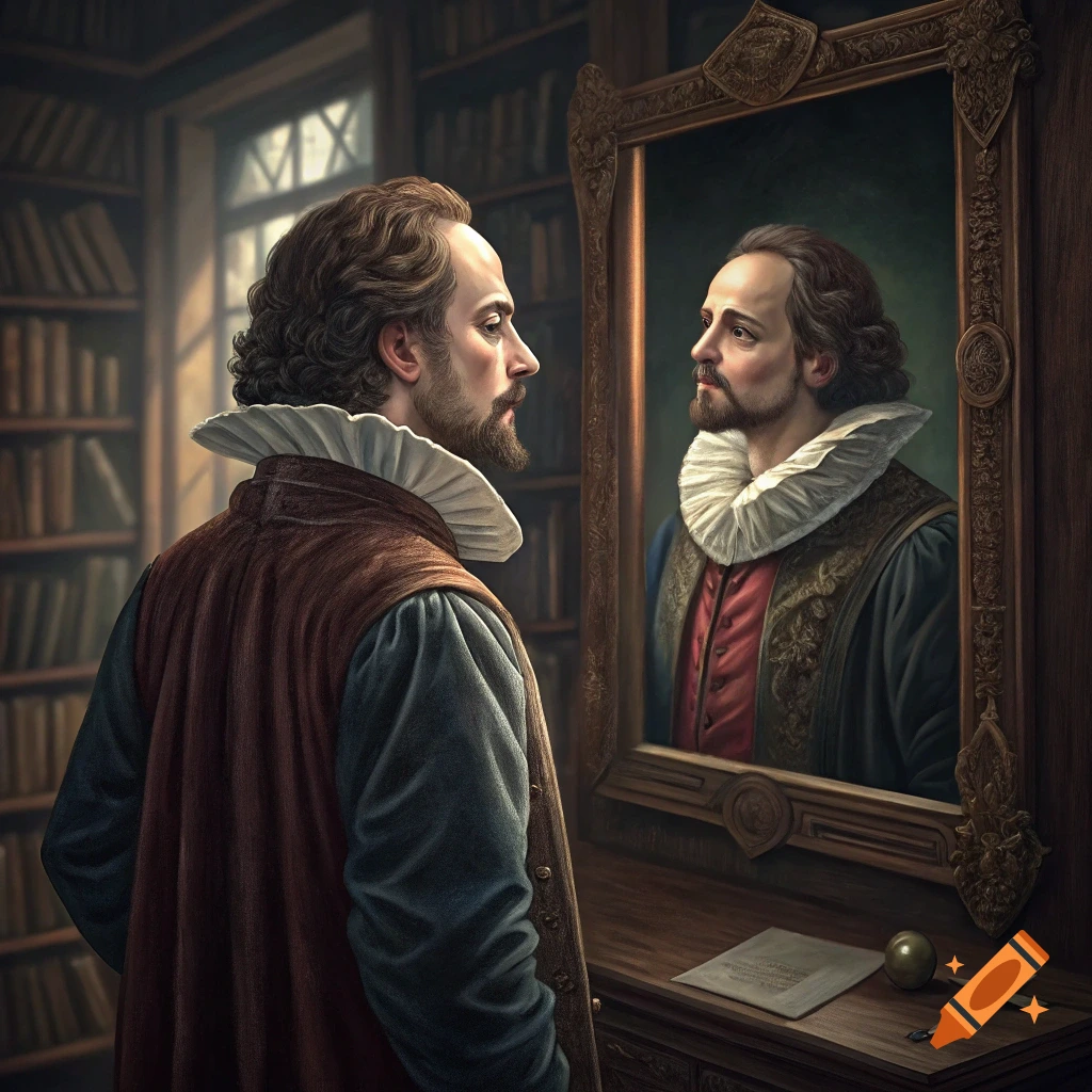 Man resembling Shakespeare in historical clothing looking in a mirror in a library.