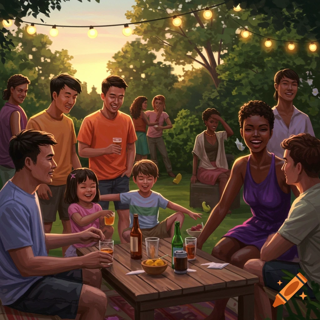 A diverse group of people socializing at an outdoor evening gathering with string lights.